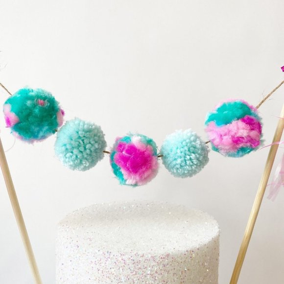 Pink Turquoise Pom Pom Cake topper, Birthday Cake Topper for Girls, Tassel Decor - Picture 4 of 4